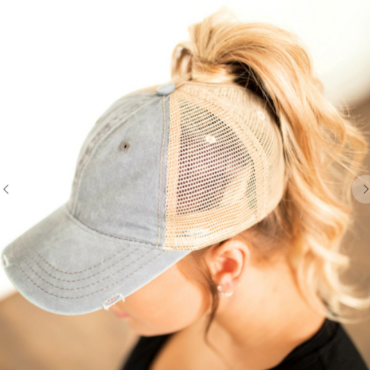 Distressed Messy Bun Hat